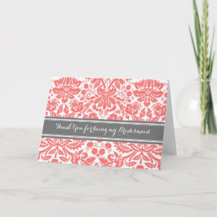 Coral Grey Damask Dank Je Wel Bruidsmeisje Kaart
