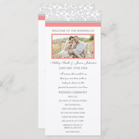 Coral Grey Damask Foto Trouwprogramma Programmakaart (Voorkant / Achterkant)