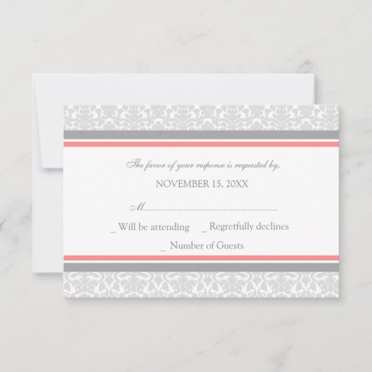 Coral Grey Damask RSVP Weddenskaart (Voorkant)