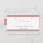 Coral Grey Damask RSVP Weddenskaart (Voorkant / Achterkant)