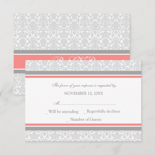 Coral Grey Damask RSVP Weddenskaart (Voorkant / Achterkant)