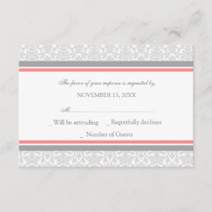 Coral Grey Damask RSVP Weddenskaart Kaartje