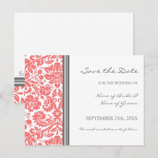 Coral Grey Damask Save the Date Wedding Briefkaart (Voorkant / Achterkant)