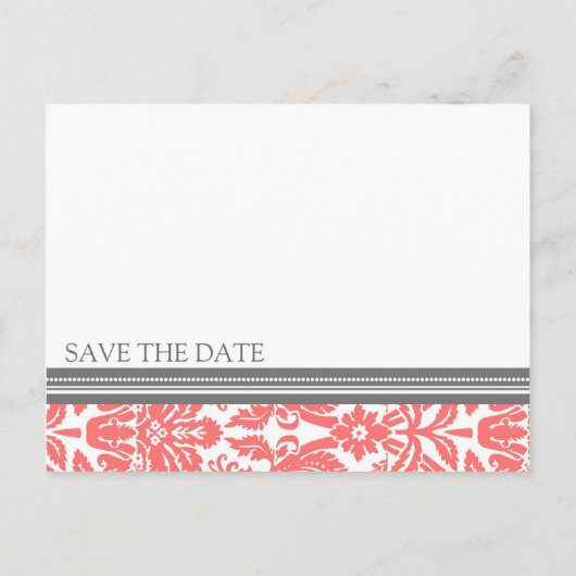 Coral Grey Damask Save the Date Wedding Briefkaart (Achterkant)