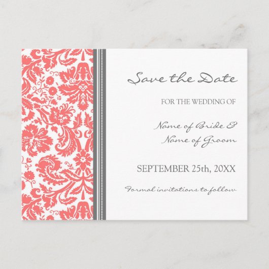Coral Grey Damask Save the Date Wedding Briefkaart (Voorkant)