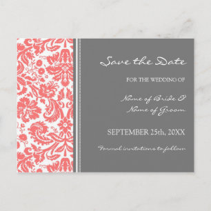 Coral Grey Damask Save the Date Wedding Briefkaart