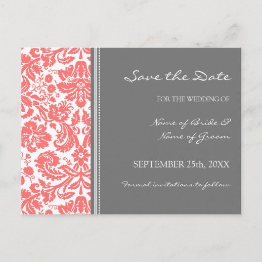 Coral Grey Damask Save the Date Wedding Briefkaart (Voorkant)