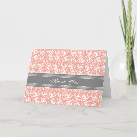 Coral Grey Damask Wedding Dank je wel kaart (Voorkant)