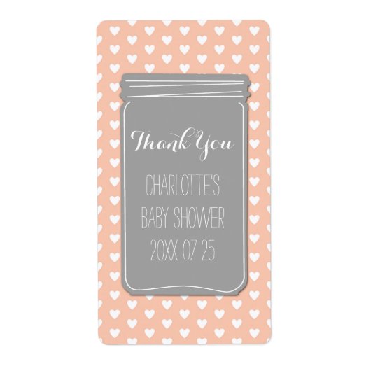 Coral Grey Hearts Mason Jar Baby shower Favor Etiket (Voorkant)