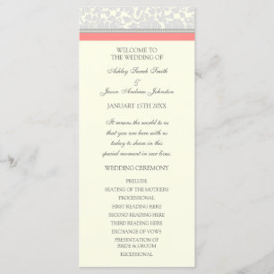 Coral Grey Off White Damask Wedding Program Programmakaart