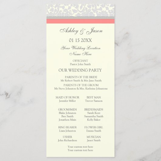 Coral Grey Off White Damask Wedding Program Programmakaart (Achterkant)