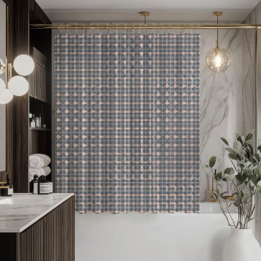 Coral Grey Plaid Curtain Modern Touch for Bath Douchegordijn