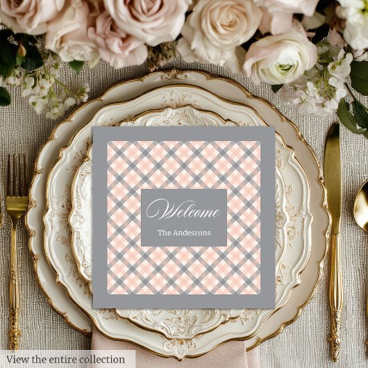 Coral Grey Tartan Napkins Personalized Modern Set Servet