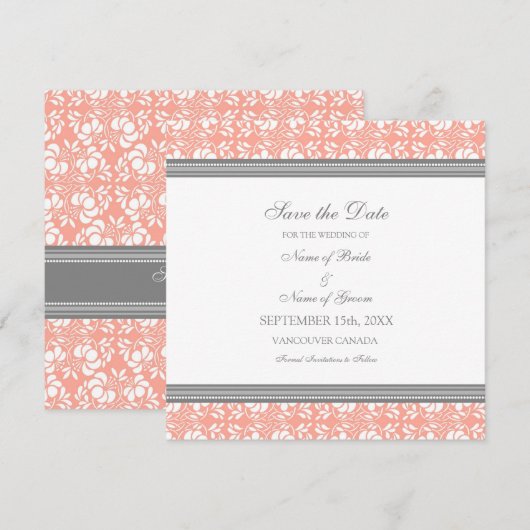 Coral Grey Wedding Save the Date Card (Voorkant / Achterkant)
