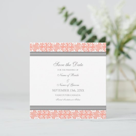 Coral Grey Wedding Save the Date Card (Staand voorkant)