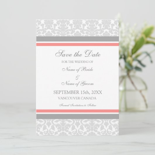 Coral Grey Wedding Save the Date Card (Staand voorkant)