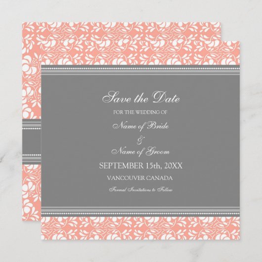 Coral Grey Wedding Save the Date Card (Voorkant / Achterkant)