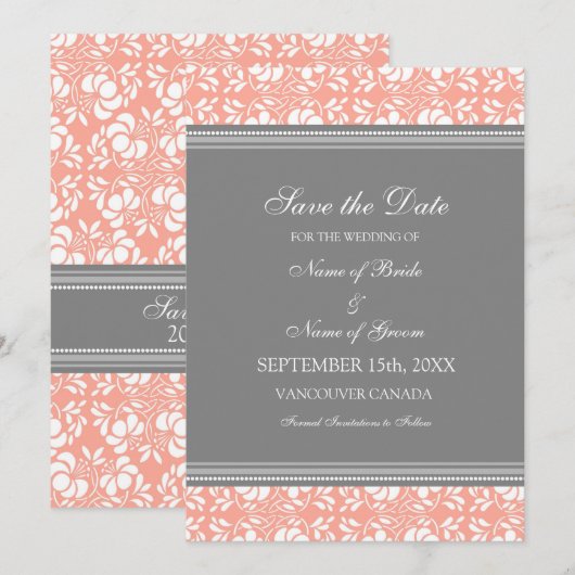 Coral Grey Wedding Save the Date Kaart (Voorkant / Achterkant)