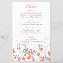 Coral Grey White Floral Wedding Menu Kaart