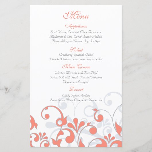 Coral Grey White Floral Wedding Menu Kaart (Voorkant)