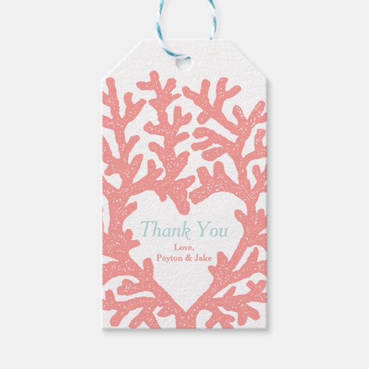 Coral Heart Aqua Beach Bruiloft Bedankt Cadeaulabel (Voorkant)