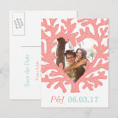 Coral Heart Aqua Beach Bruiloft Save the Dates Aankondigingskaart (Voorkant / Achterkant)