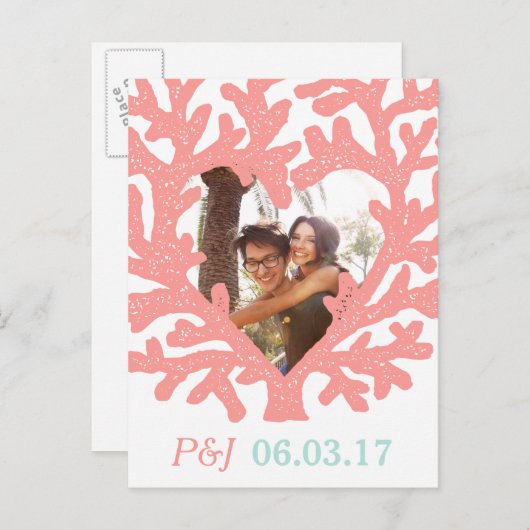 Coral Heart Aqua Beach Bruiloft Save the Dates Aankondigingskaart (Voorkant / Achterkant)