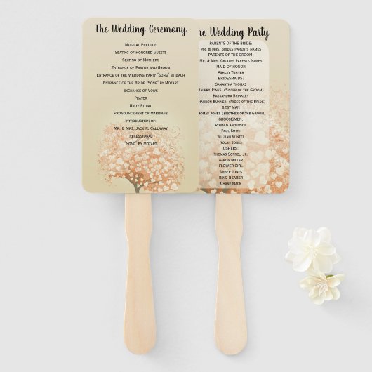Coral Heart Leaf Tree Wedding Programme Handwaaier (Voorkant en achterkant)