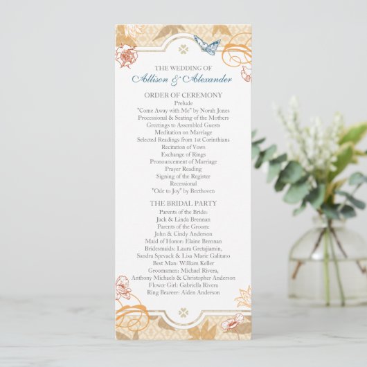 Coral Herfst Bohemian Autumn Floral Wedding Progra Programmakaart (Staand voorkant)