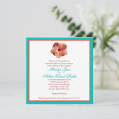 Coral Hibiscus en Aqua Wedding Invitation Kaart (Staand voorkant)