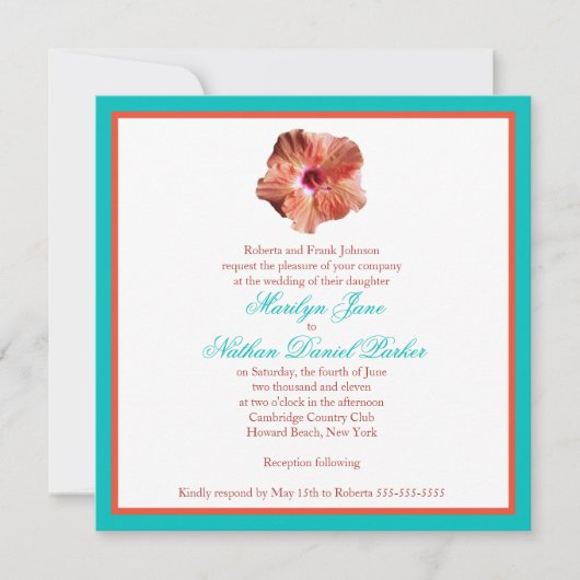 Coral Hibiscus en Aqua Wedding Invitation Kaart (Voorkant)