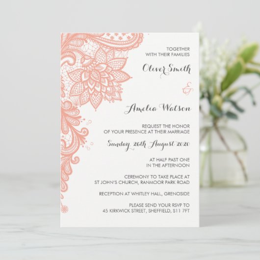 Coral Lace Wedding Invitation Kaart (Staand voorkant)