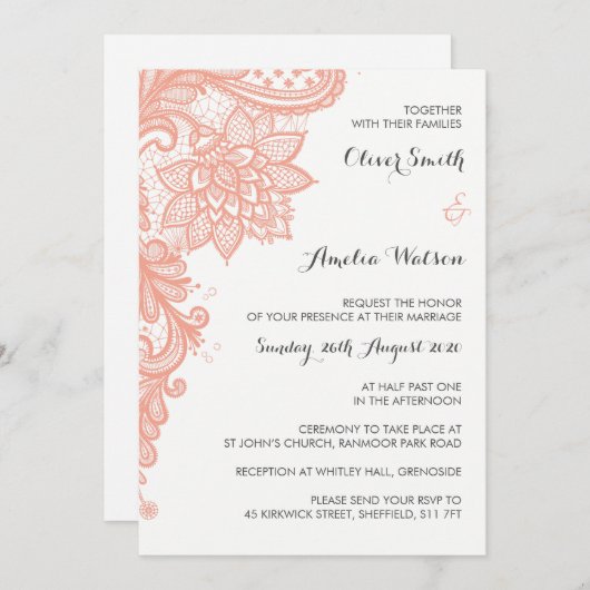 Coral Lace Wedding Invitation Kaart (Voorkant / Achterkant)