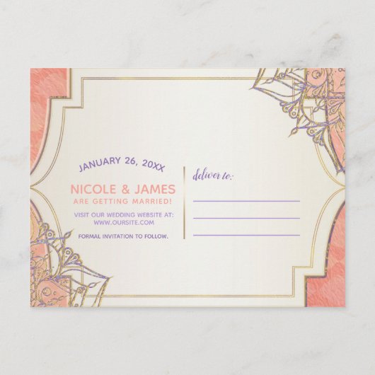 Coral Lavender Gold Moroccan Glam Save the Date Aankondigingskaart (Achterkant)