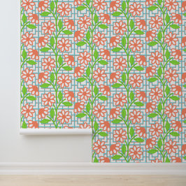 Coral Lime & Aqua Bloemendecoratie op Bamboe Trali Behang