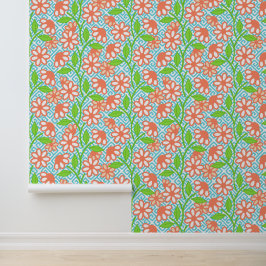 Coral Lime & Aqua Maximalistische Bloemensleutel G Behang