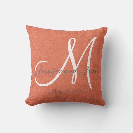 Coral Linen Gray White Monogram Weddenschap Kussen (Voorkant)