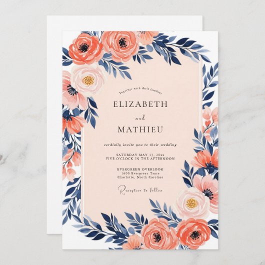 Coral Luminous Indigo Spring Wedding Kaart (Voorkant / Achterkant)