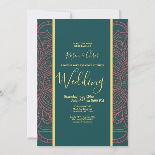 Coral Mandala & Dark Blauwgroen Elegant Wedding (Voorkant)