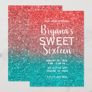 Coral Meloen Oranje Teal Aqua Glitter Sweet 16 Kaart