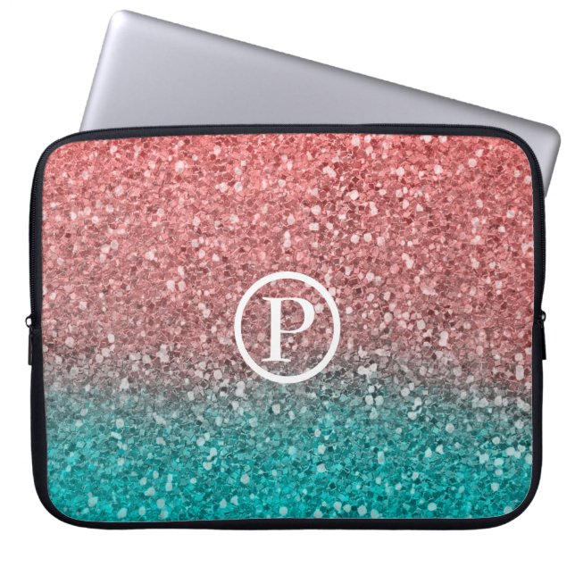 Coral Melon Oranje Blauwgroen Aqua Green Sparkly G Laptop Sleeve (Voorkant)