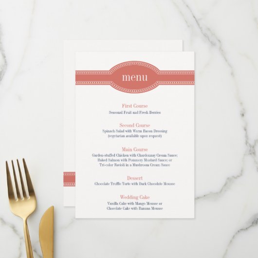 Coral Menu Kaart, Caroline Wedding Collectie (Voorkant / Achterkant in situ)