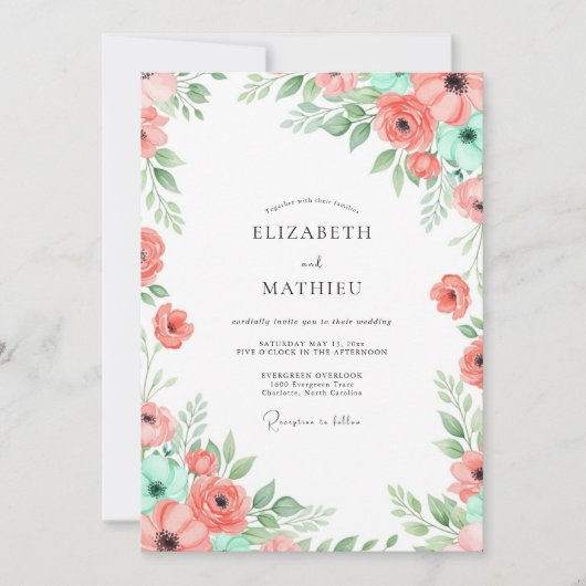 Coral Mint Botanical Bliss Wedding Kaart (Voorkant)