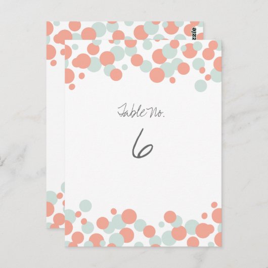 Coral & Mint Bubbles Confetti Tafelnummer Kaarten (Voorkant / Achterkant)