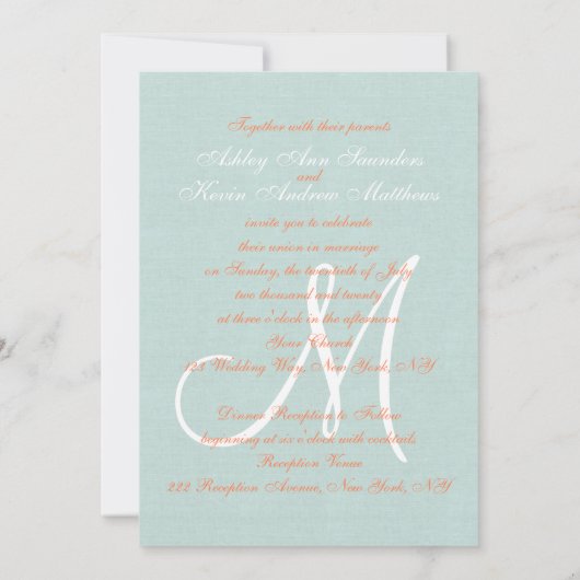 Coral Mint Green Linen Rustic Wedding Kaart (Achterkant)