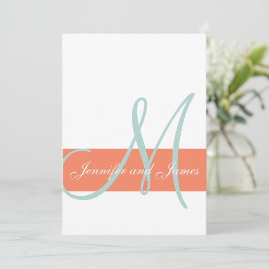 Coral Mint Green Monogram Names Simple Wedding Kaart (Staand voorkant)