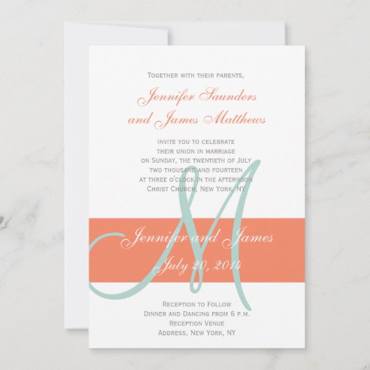 Coral Mint Green Monogram Names Simple Wedding Kaart (Achterkant)