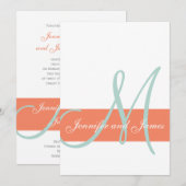 Coral Mint Green Monogram Names Simple Wedding Kaart (Voorkant / Achterkant)