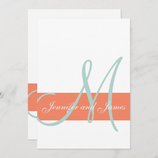 Coral Mint Green Monogram Names Simple Wedding Kaart (Voorkant / Achterkant)