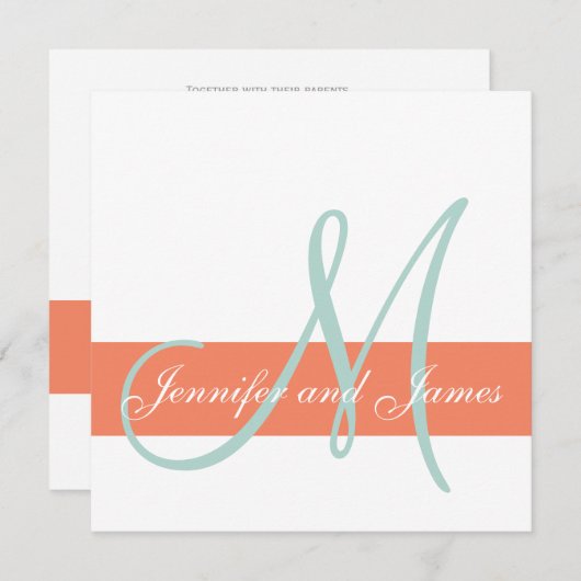 Coral Mint Green Monogram Names Simple Wedding Kaart (Voorkant / Achterkant)